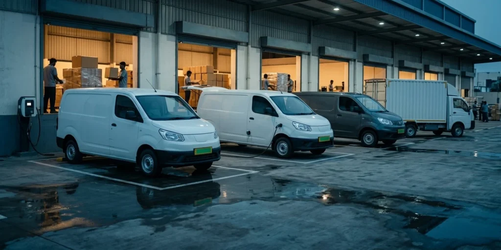 Electric delivery vans with green number plates loading at a 3PL depot, illustrating green logistics evidence for shipper contracts