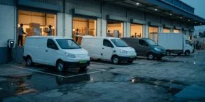 Electric delivery vans with green number plates loading at a 3PL depot, illustrating green logistics evidence for shipper contracts