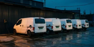 Electric delivery vans charging at a fleet depot, illustrating GST on electric vehicle purchases and input tax credit for fleets