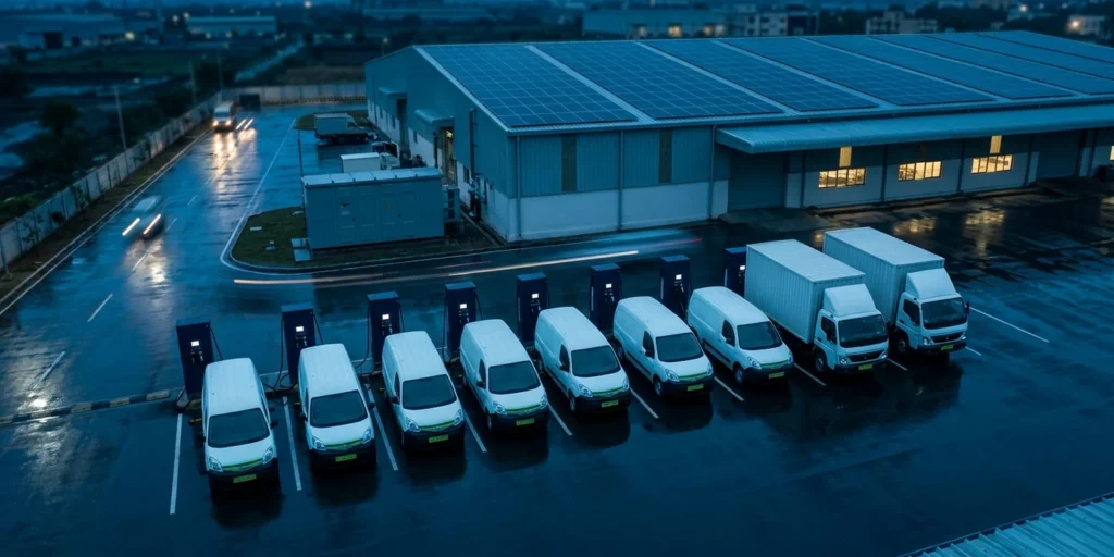 Electric delivery vans and goods vehicles with green number plates charging at an Indian logistics depot at dusk — India Electric Mobility Index 2025 state scores