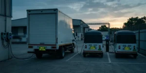 Electric cargo three-wheelers and an electric truck charging at an Indian fleet depot, the vehicle categories covered by the PM E-DRIVE scheme