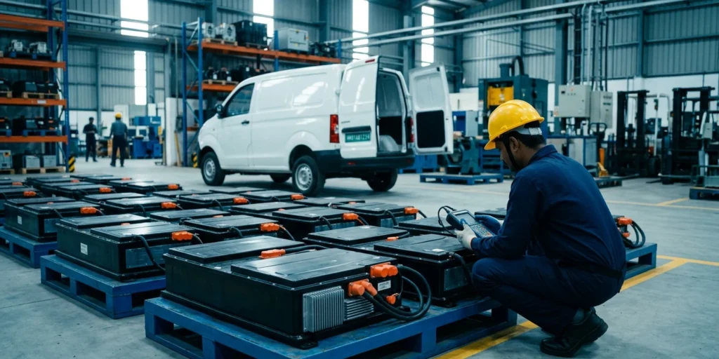 Retired EV battery packs on pallets at a fleet depot awaiting EV battery recycling