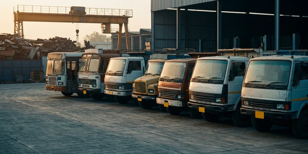 Ageing diesel trucks and buses queued for dismantling at a scrapping yard, illustrating India's vehicle scrappage policy for commercial fleets