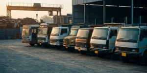 Ageing diesel trucks and buses queued for dismantling at a scrapping yard, illustrating India's vehicle scrappage policy for commercial fleets