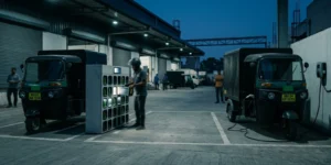 EV battery swapping cabinet and a plug-in depot charger serving electric three-wheeler cargo vehicles with green commercial number plates at an Indian last-mile delivery depot