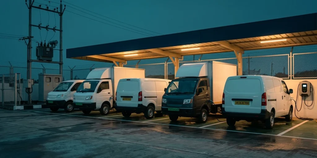 Electric delivery vans with green number plates plugged into depot chargers beside a distribution transformer, illustrating vehicle to grid technology for fleets