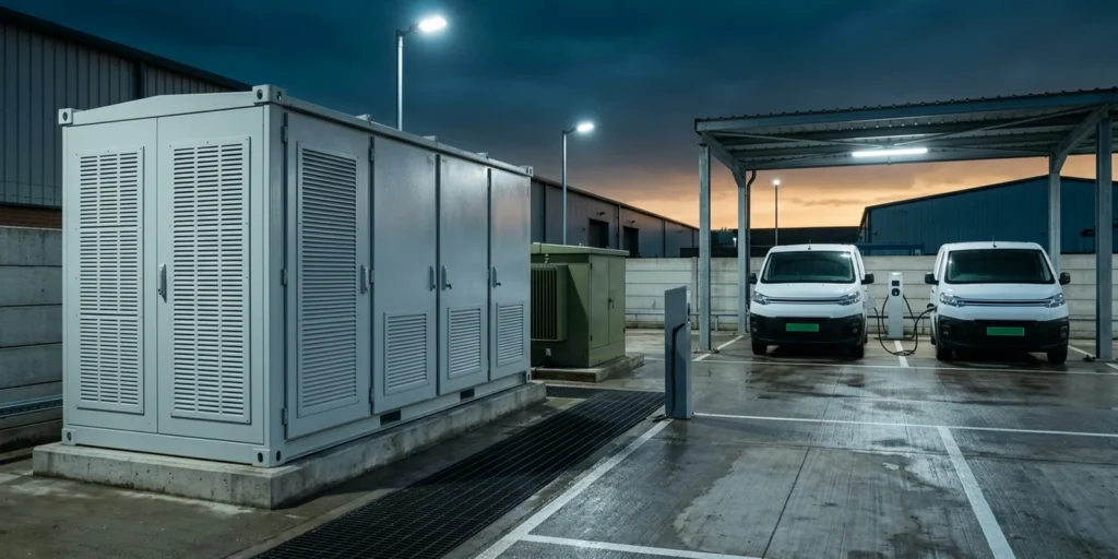 Battery energy storage system container beside a transformer at an EV fleet depot, with electric delivery vans charging under a canopy