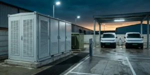 Battery energy storage system container beside a transformer at an EV fleet depot, with electric delivery vans charging under a canopy