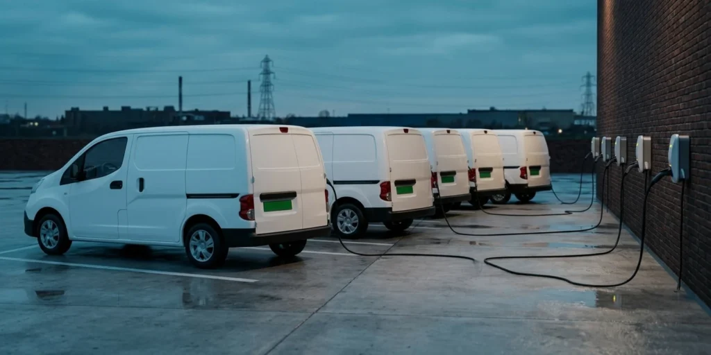 Electric delivery vans charging at a depot with green number plates, illustrating the carbon credit trading scheme for fleets