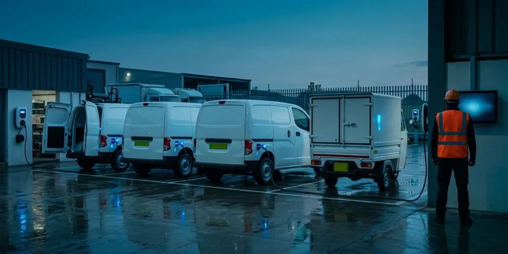 EV fleet telematics data sources — electric cargo vans with green number plates plugged into depot chargers in India