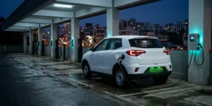 CAFE norms 2027-2032: an electric corporate cab with a green number plate charging at an Indian fleet depot