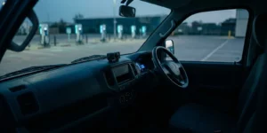 Dashboard-mounted driver monitoring system camera facing the empty seat of a right-hand-drive electric van at a charging depot