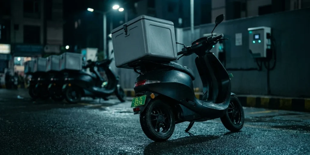 Electric scooter for delivery fleets: an unbranded delivery scooter with a green number plate parked at a night-time urban delivery hub