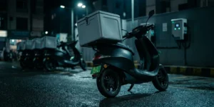 Electric scooter for delivery fleets: an unbranded delivery scooter with a green number plate parked at a night-time urban delivery hub
