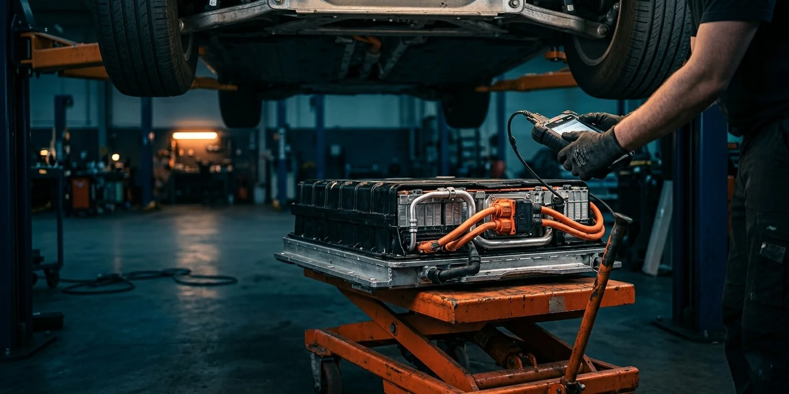 Technician testing a lifted-out traction pack on a trolley under a fleet vehicle, the part behind EV battery replacement cost