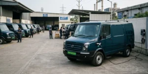 Green number plate with yellow lettering on a commercial electric vehicle at an Indian fleet depot